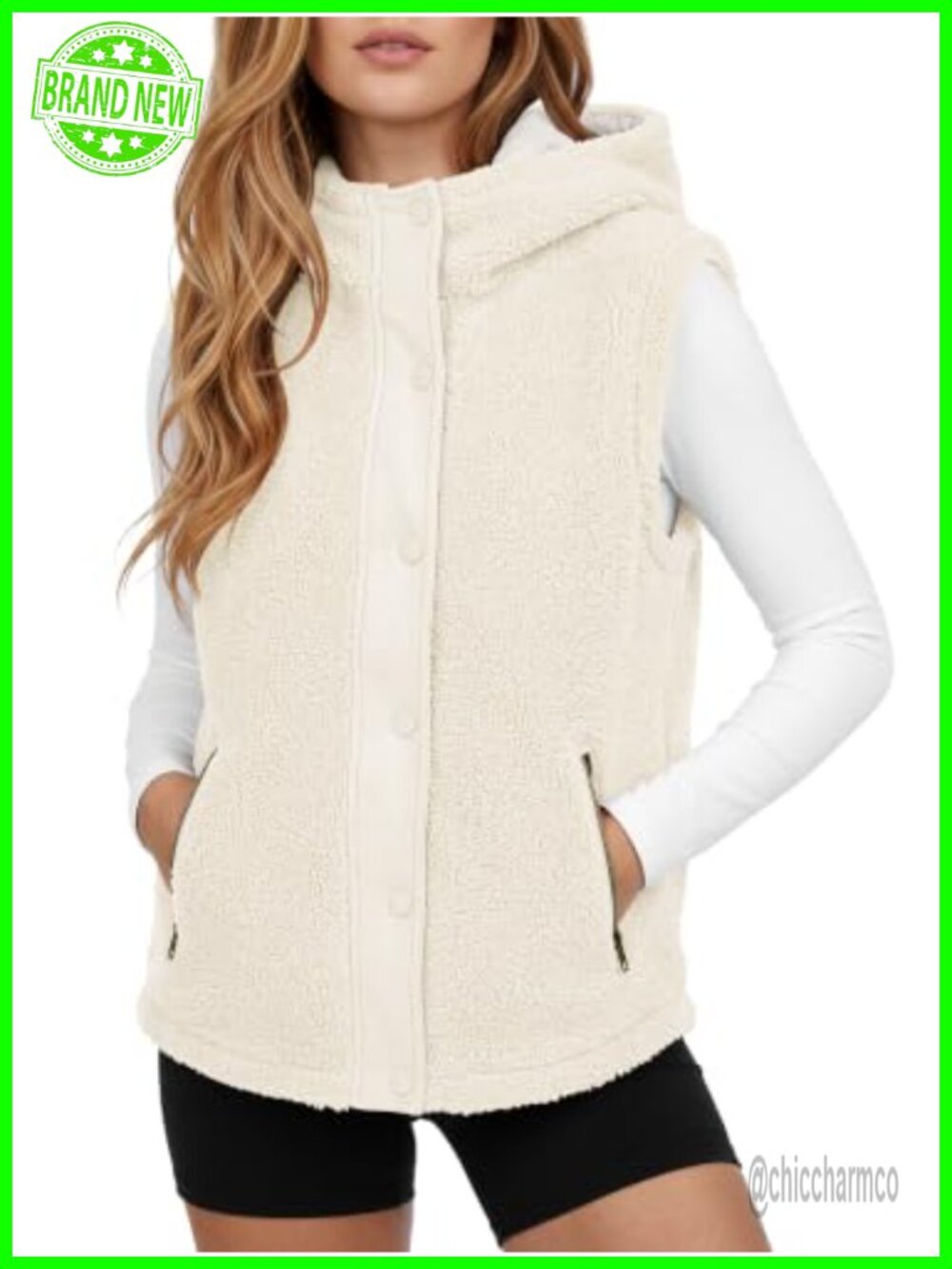 Women's Oversized Sherpa Fleece Vest Hooded Sleeveless Zip-Up